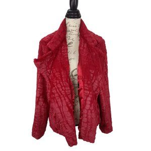 Adrienne Landau Red Faux Fur Asymetrical zipper Jacket Measures Large FLAW READ